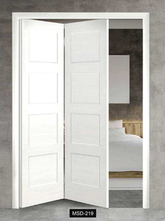 White shaker-panel bifold doors revealing a bedroom