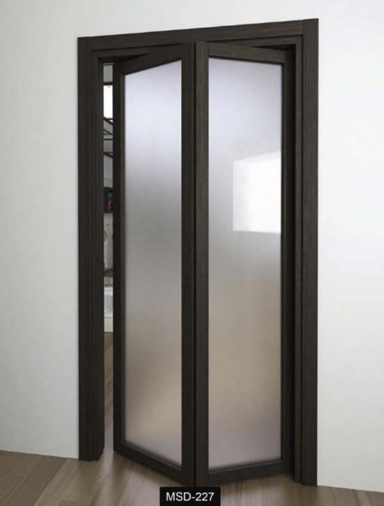 Dark stained bifold door with frosted glass