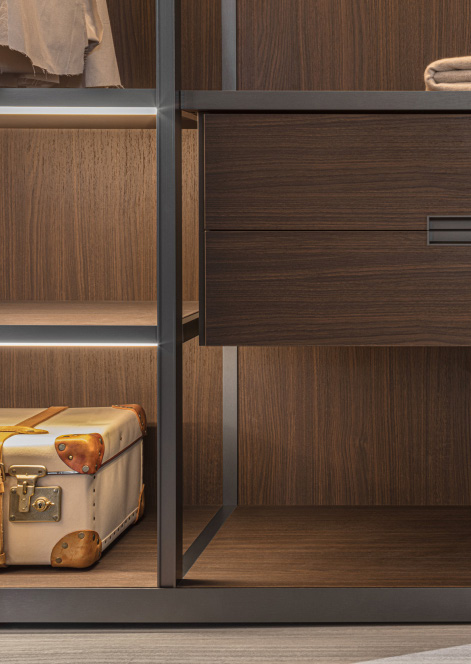 Open walnut wardrobe with shelving